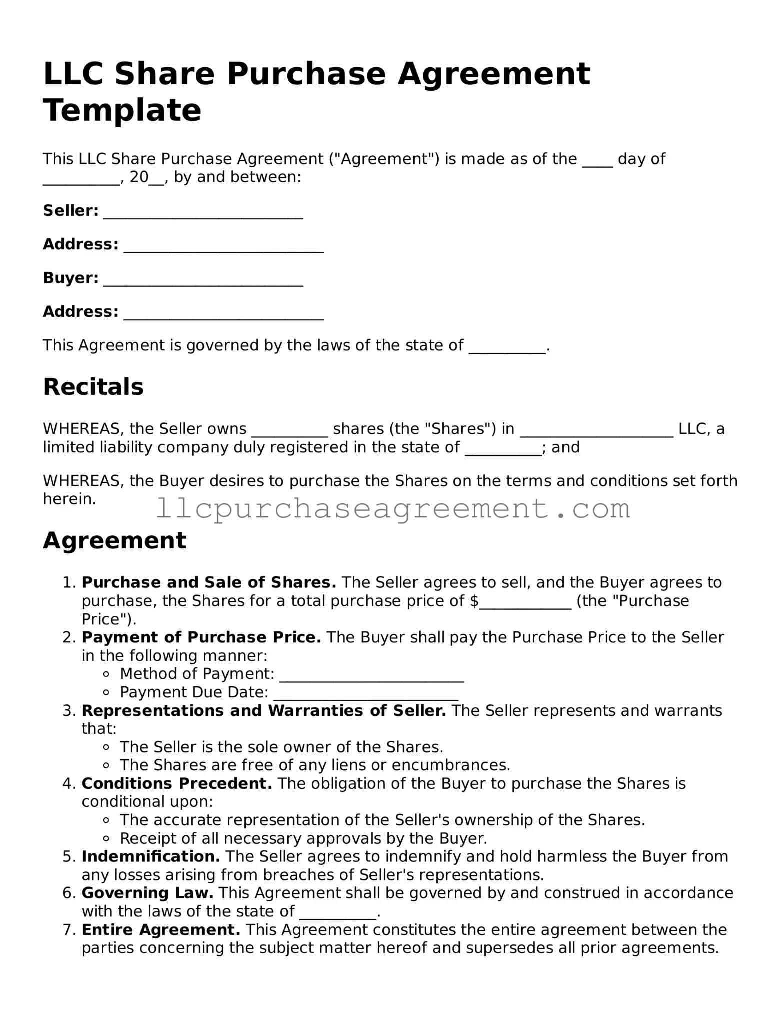 Fillable LLC Share Purchase Agreement Document
